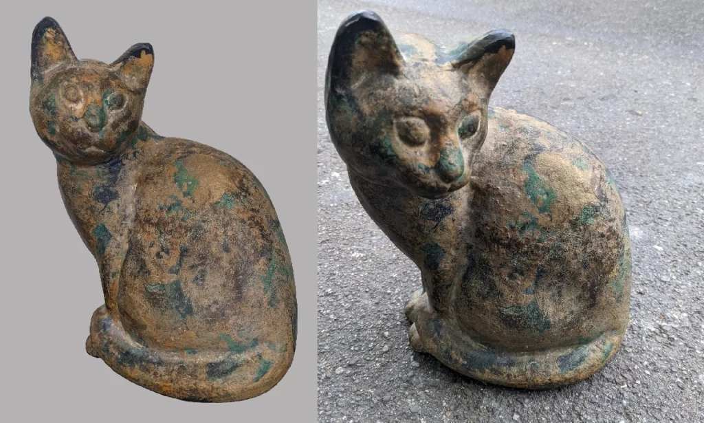 life-sized heavy handcrafted metal cat sculpture