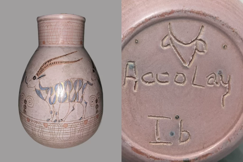 Accolay signed vintage ceramic vase from France with Alpine horned ibex motif