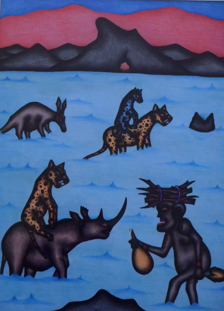 tempera on paper painting from Kenyan artist Mbuno