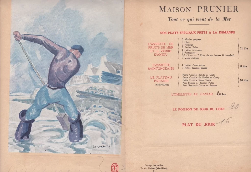 original lithograph on the Maison Prunier Art Restaurant menu from 1940s Paris