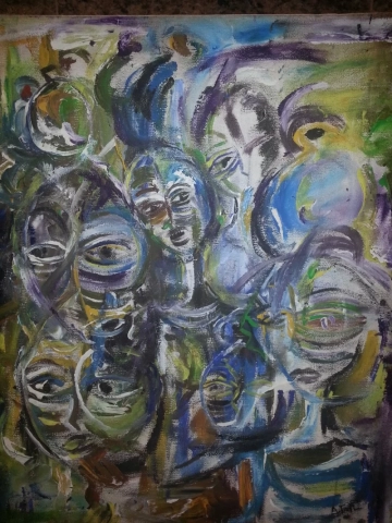 abstract oil on canvas of what seems to be many extra-terrestrials Senegalese artist A. Tall