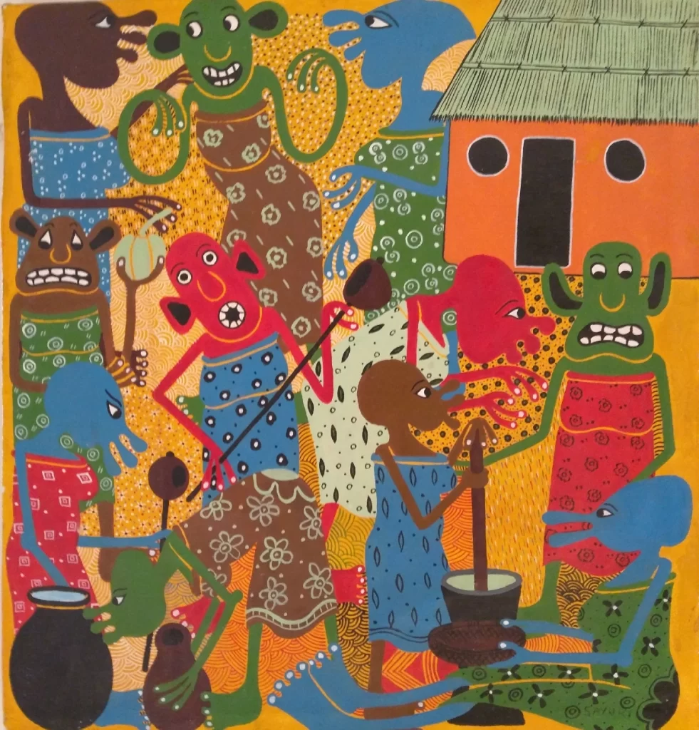 Tingatinga style painting from one of the old masters Sayuki Matindiko named Women at Work