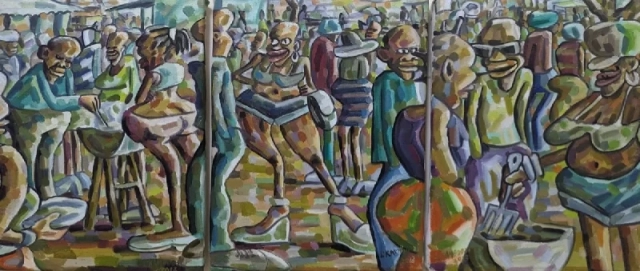 amusing tryptych style oil on canvas of a local "BBQ scene" from popular Zimbabwean artist Lovemore Kambudzi