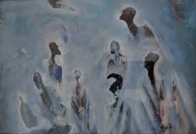 abstract oil on paper painting Meeting in the Mist from Gambia