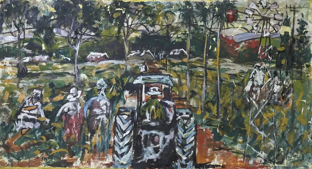 Figurative oil on canvas painting of a rural farm scene from unknown artist from the south of Africa