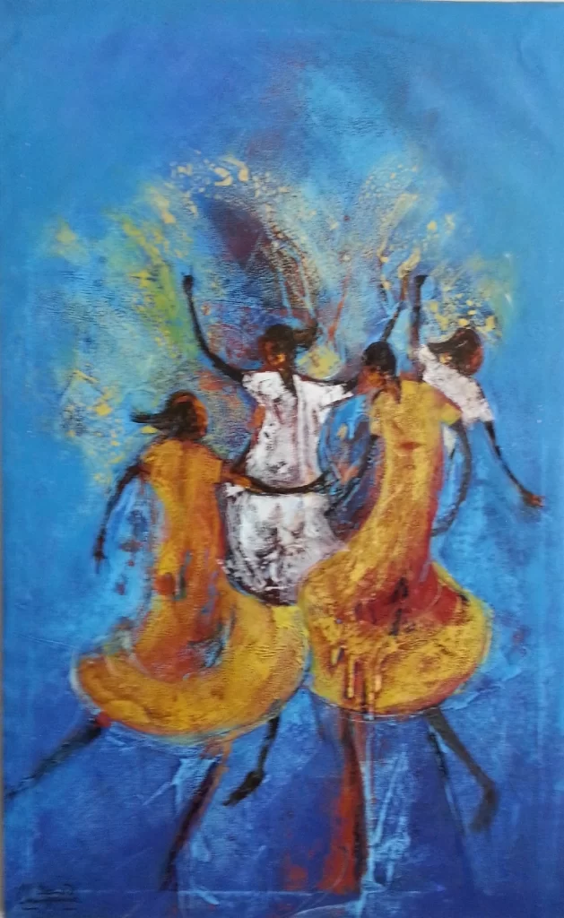 abstract painting of girls dancing in a circle 