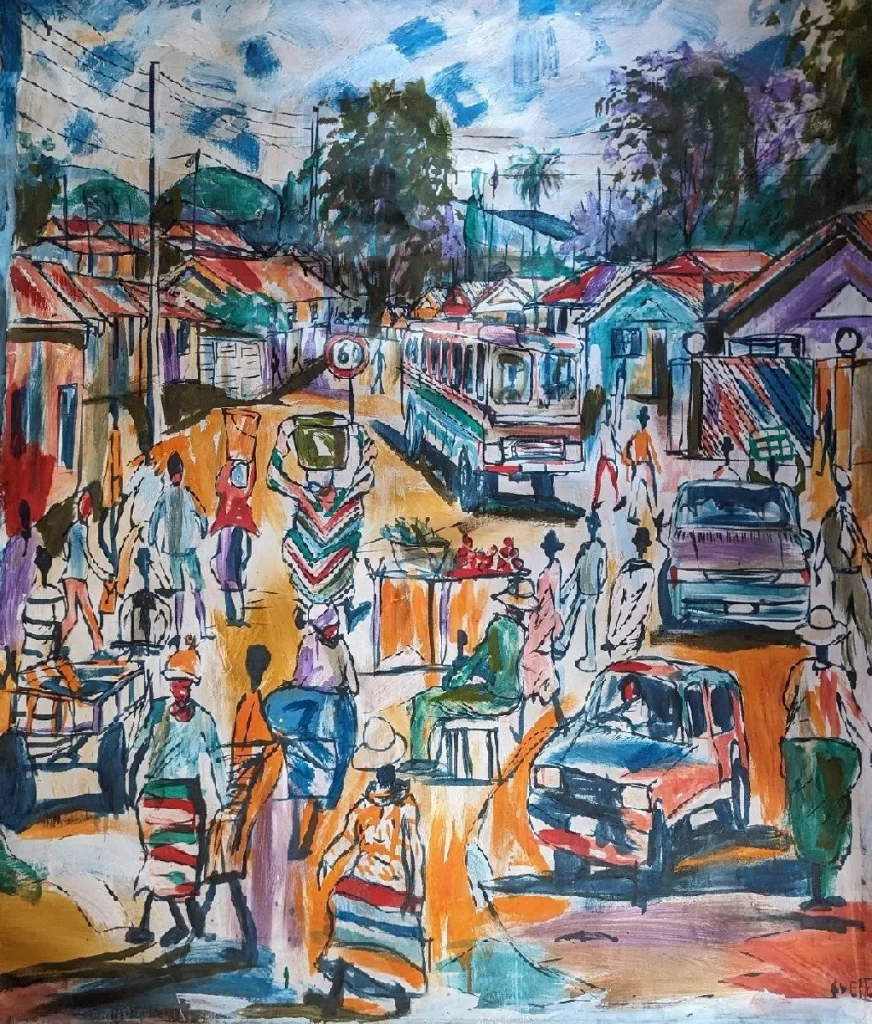 Oil canvas painting of a busy township scene Zimbabwe based artist Shelton